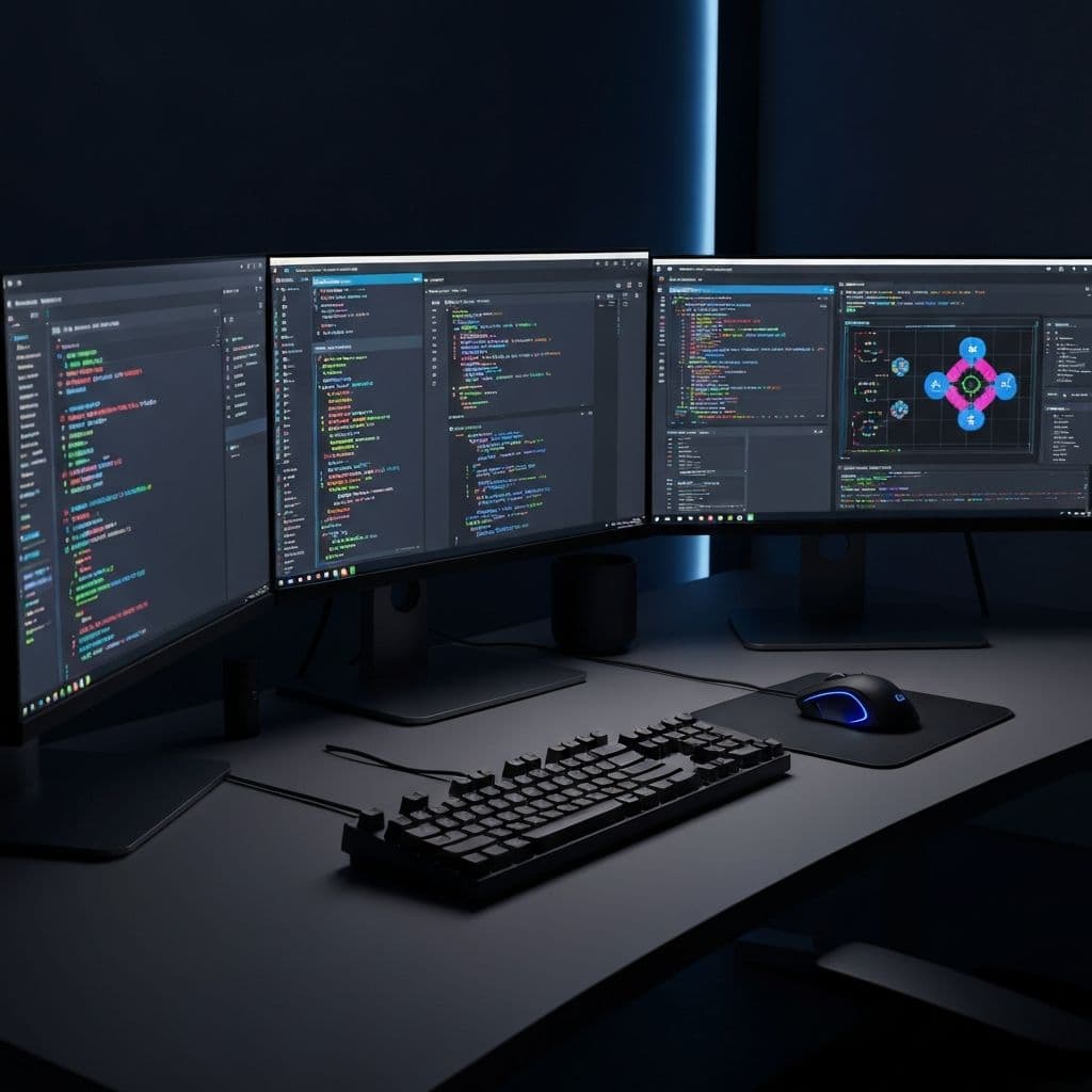 Developer workspace with multiple monitors and AI development environment
